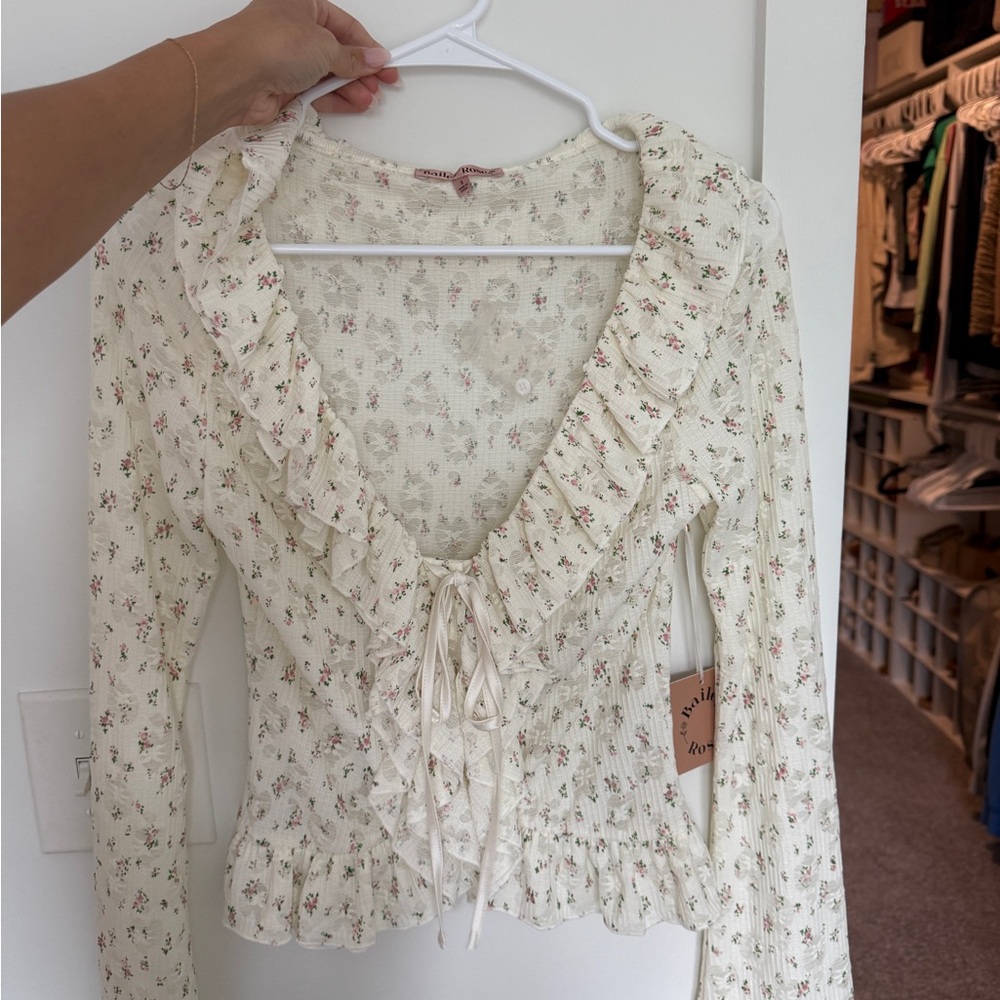 Chic Cream Floral Blouse with Ruffle Details